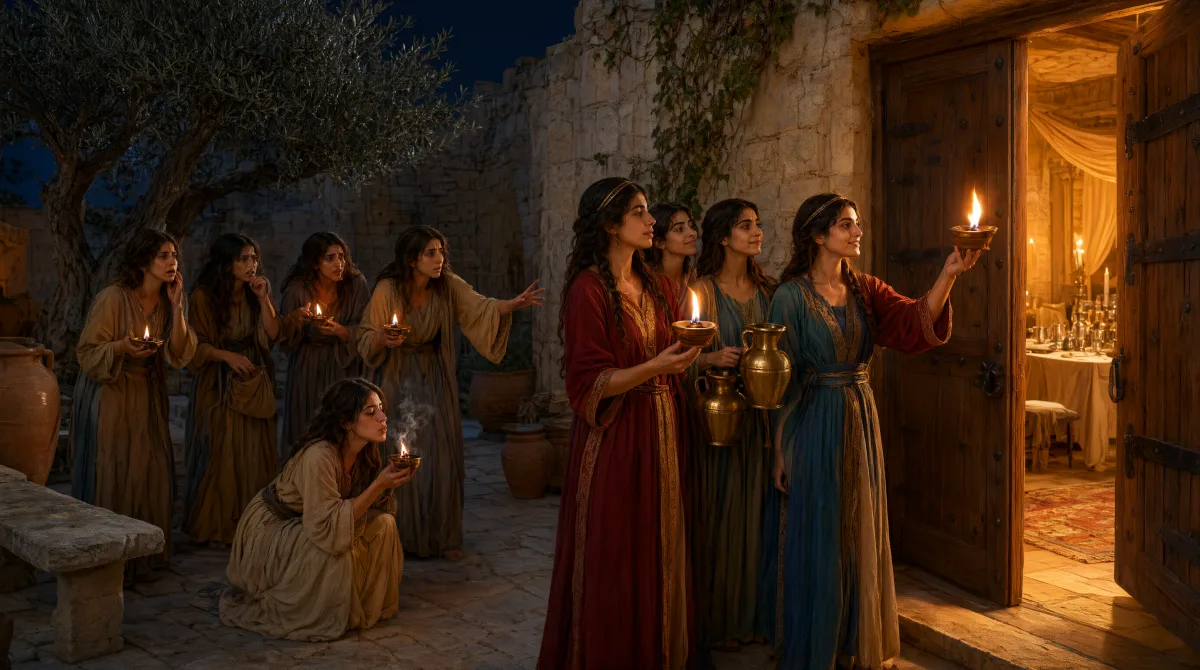 Diez jóvenes con lámparas de aceite en un patio de noche: cinco entran por la puerta iluminada del banquete llevando sus vasijas, mientras las otras cinco quedan afuera con las lámparas apagadas